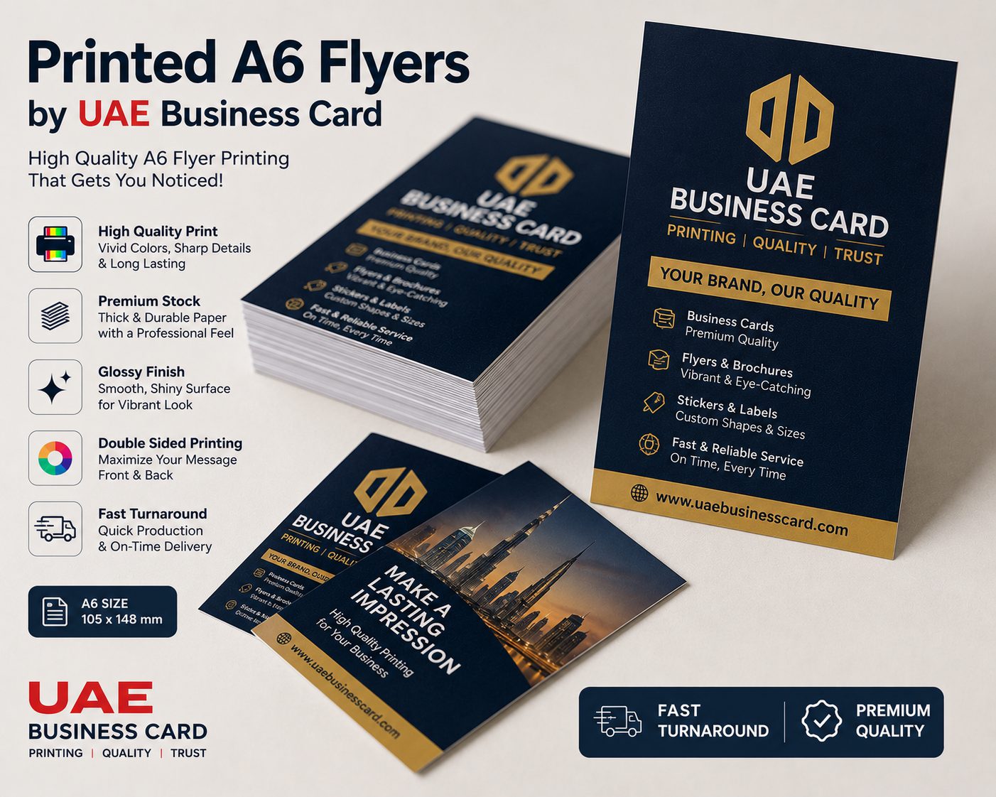 Printed A6 Flyers by UAE Business Card — A6 flyer printing, close-up showing quality, stock and finish