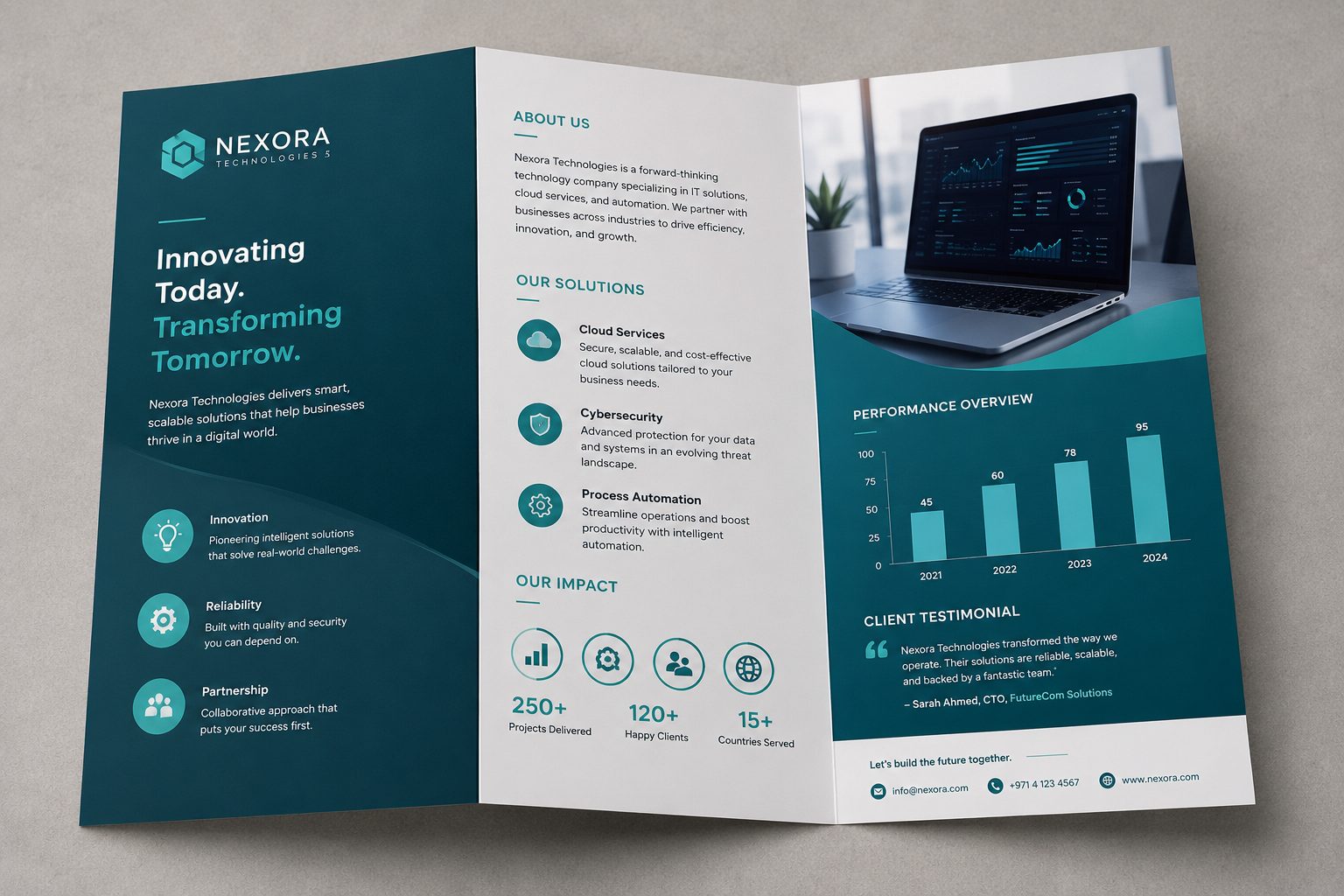 An open tri-fold corporate brochure with clean teal layout, charts and a product photo