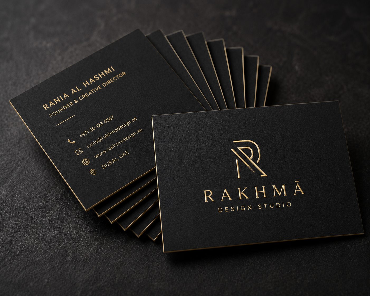 A neat fan of premium business cards on a dark surface, one matte black with gold-foil logo, showing thickness and finish