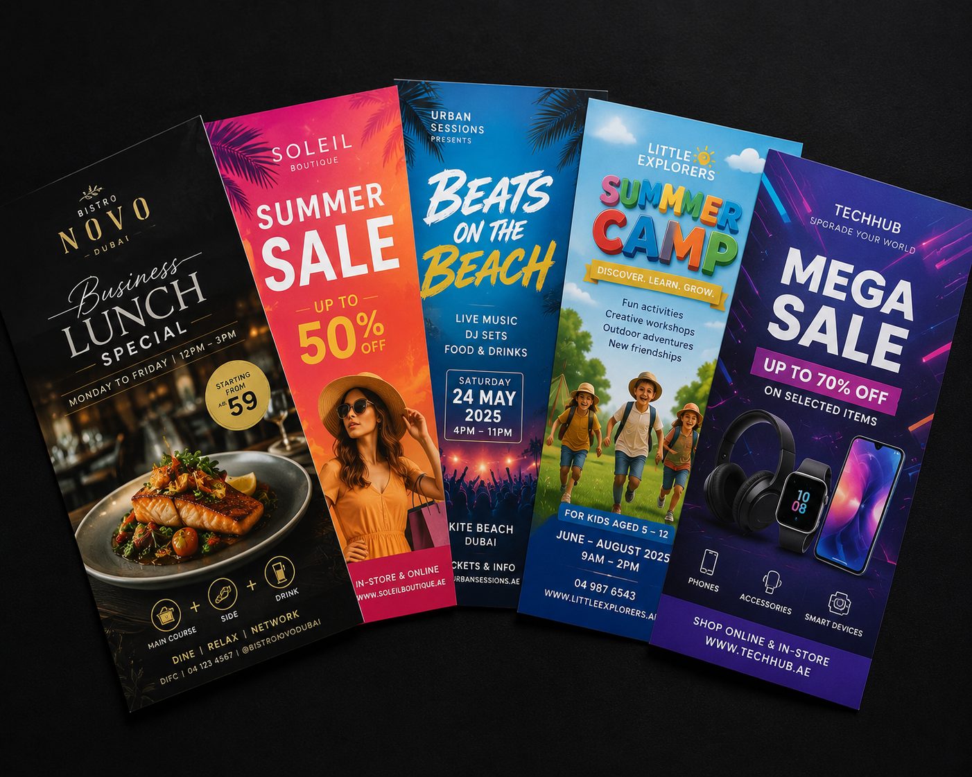 A colourful spread of A5 promotional flyers fanned out, vibrant gloss finish, event and sale designs