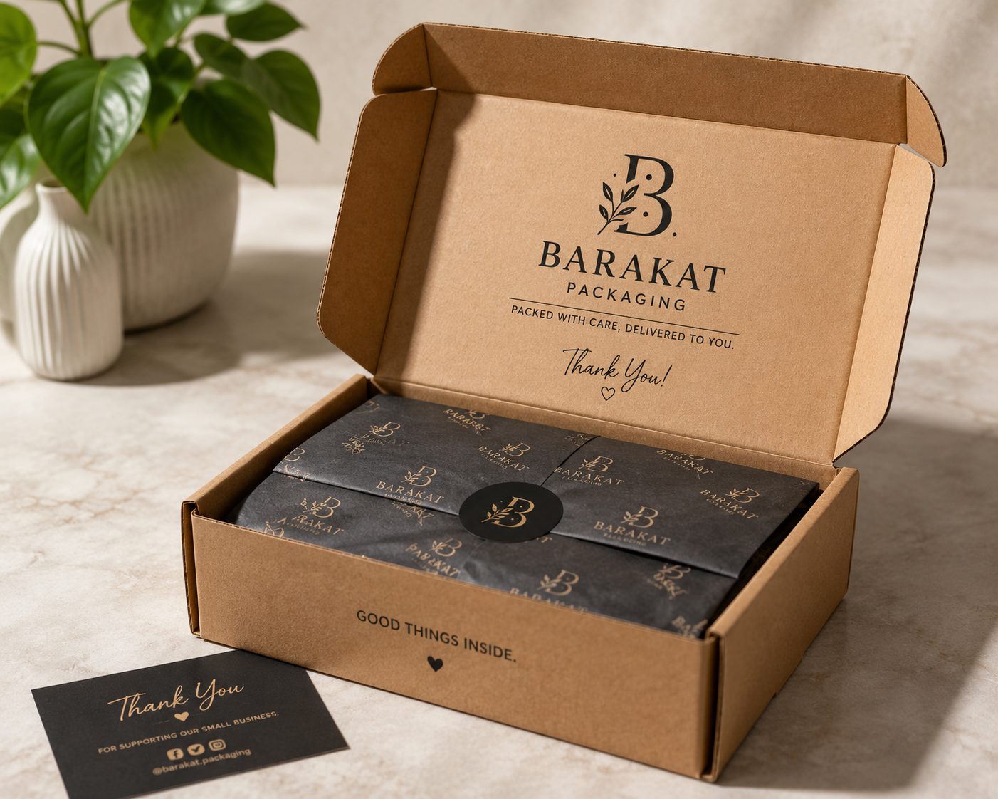 A branded kraft e-commerce mailer box open with printed tissue inside and a logo on the lid