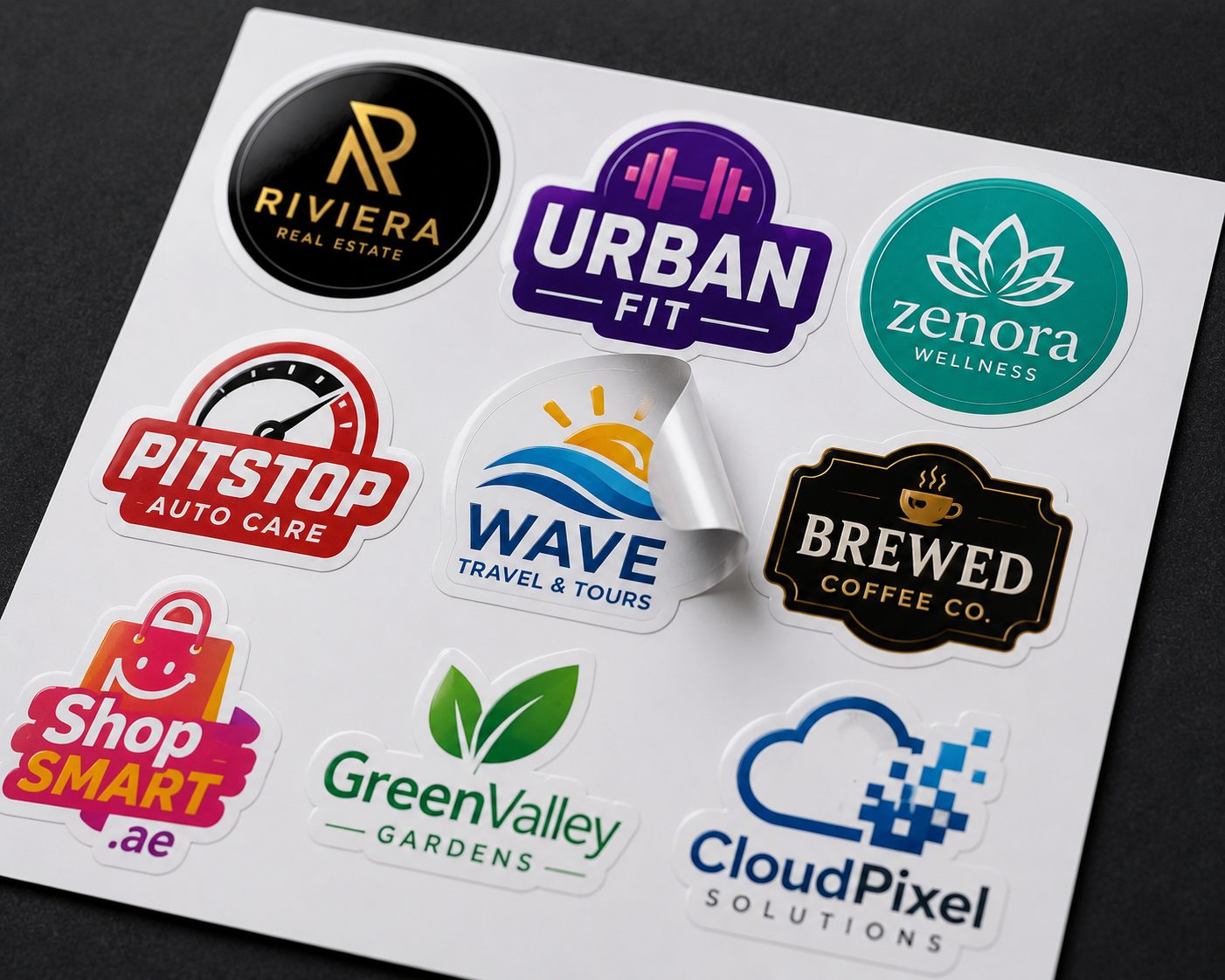 A sheet of die-cut logo stickers on glossy vinyl in bright brand colours, partly peeled