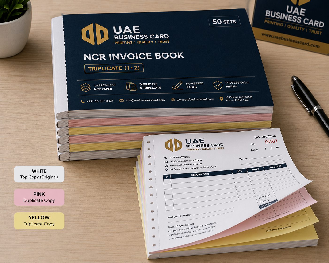 A neat stack of triplicate (1+2) NCR invoice books showing white, pink and yellow carbonless plies with perforated edges and a branded cover