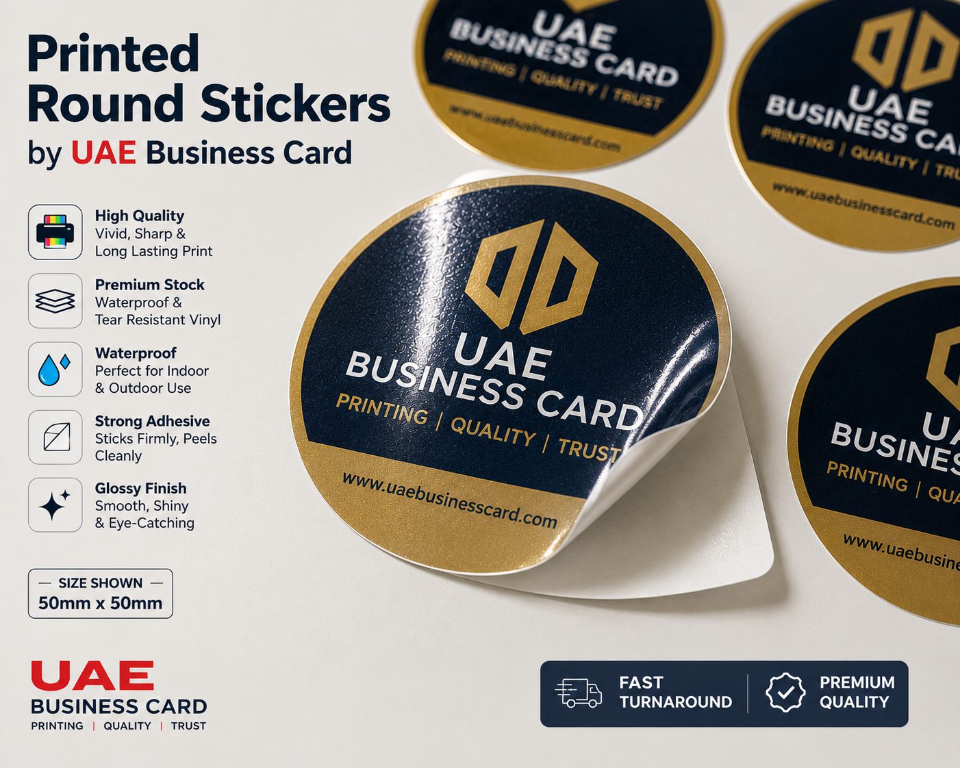 Printed Round Stickers by UAE Business Card — round stickers, close-up showing quality, stock and finish