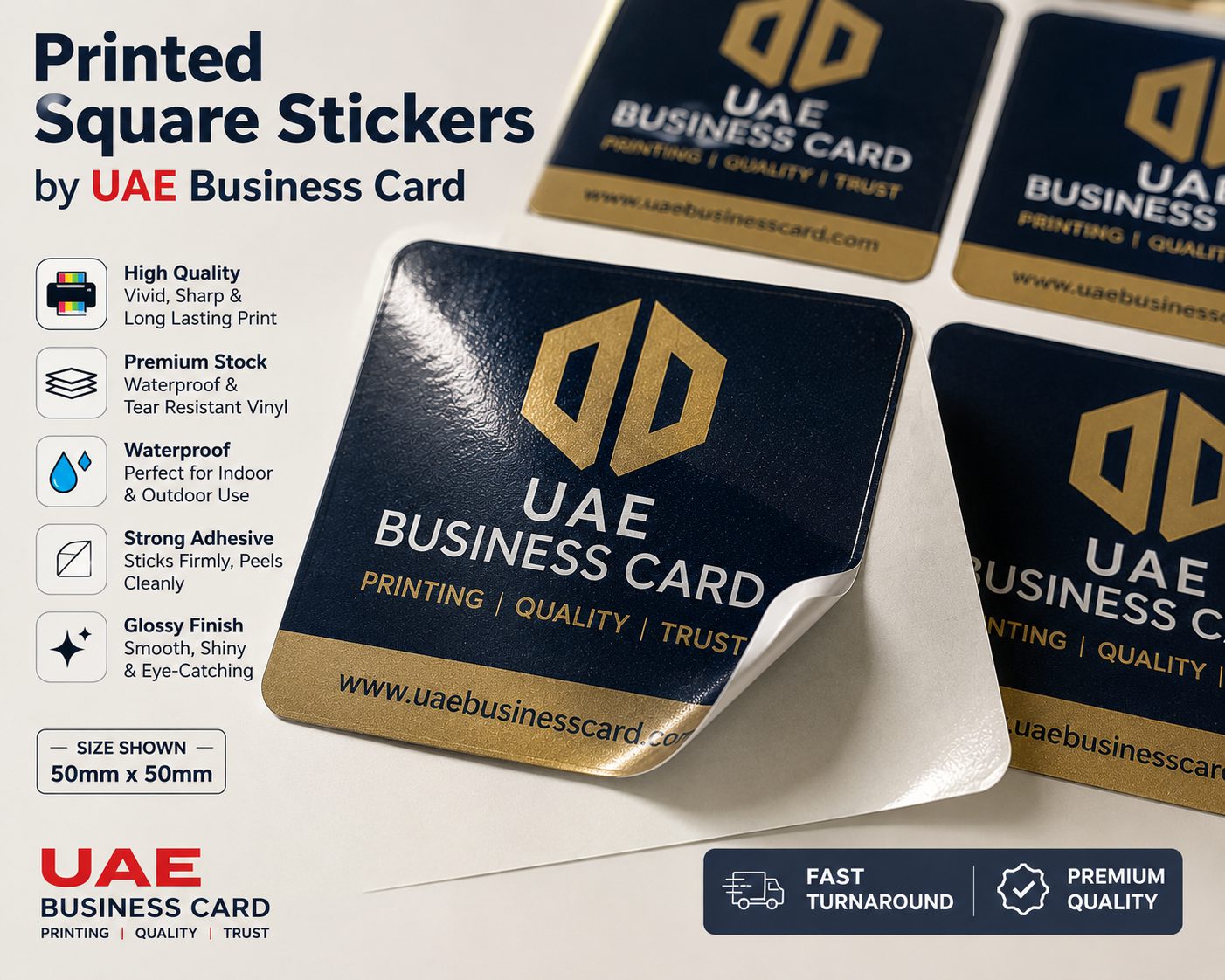 Printed Square Stickers by UAE Business Card — square stickers, close-up showing quality, stock and finish