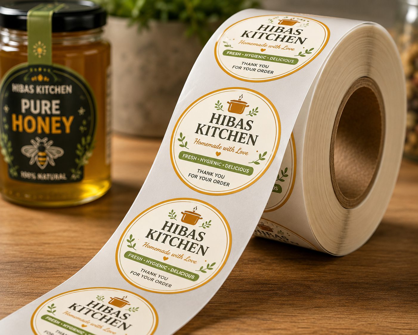 A roll of round product-label stickers being unspooled, neat branded labels for packaging